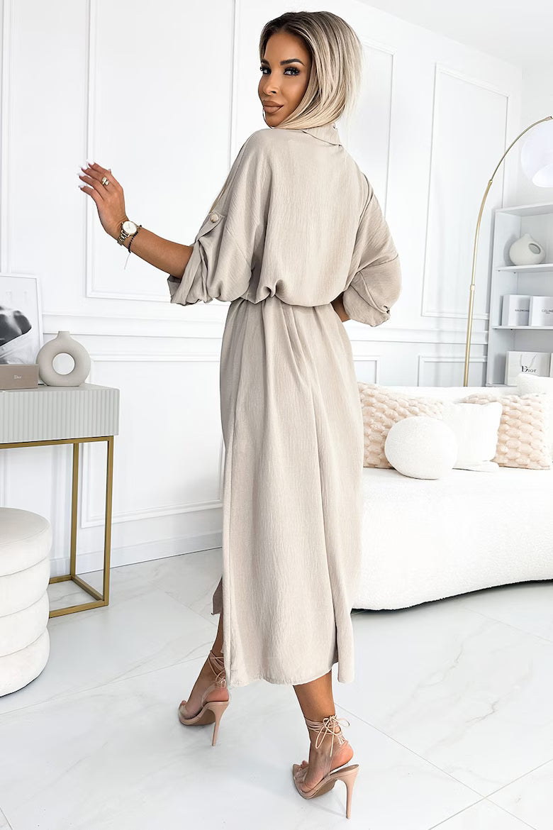Rochie camasa midi cu nasturi aurii si cordon